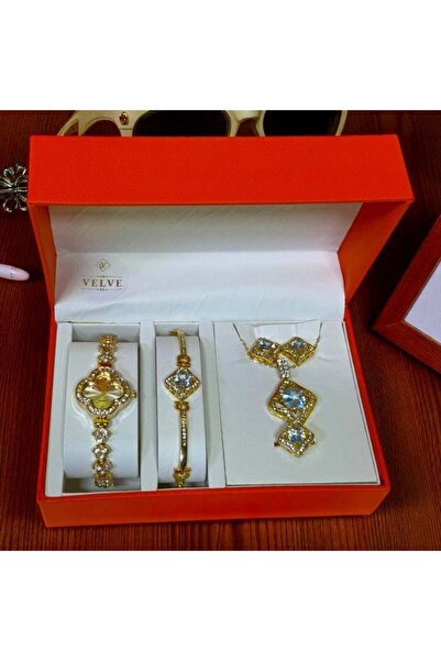 velve Gracy set for women with five pieces: bracelet, watch, ring, necklace, earrings, Flower pattern