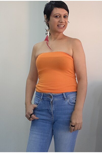 Mertcan Butik Orange Long Length Badi Tank Top Strapless T-Shirt