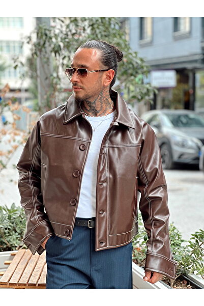 manch collection Ρετρό Δερμάτινο Μπουφάν Καφέ