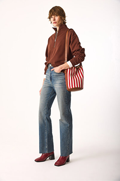 VENA Μπλουζάκι Marina με μισό φερμουάρ από βαμβάκι-Καφέ