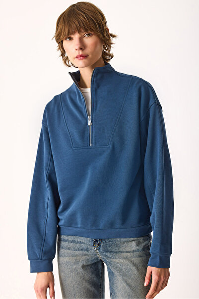 VENA Μπλουζάκι Marina με μισό φερμουάρ από βαμβάκι-Ναυτικό