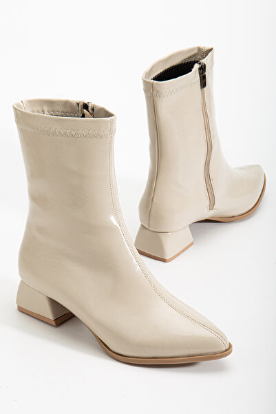 Papuccum Ortopedi Kadın Bej Sivri Burun Bot Kırışık Rugan Günlük Bot Boots