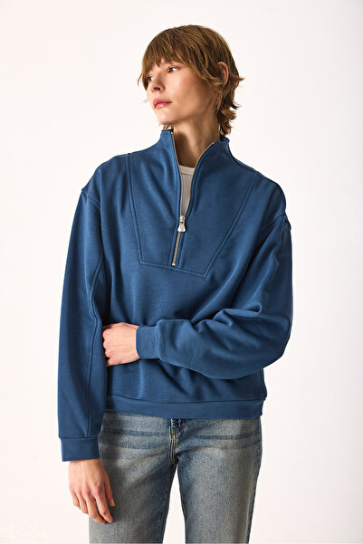 VENA Μπλουζάκι Marina με μισό φερμουάρ από βαμβάκι-Ναυτικό