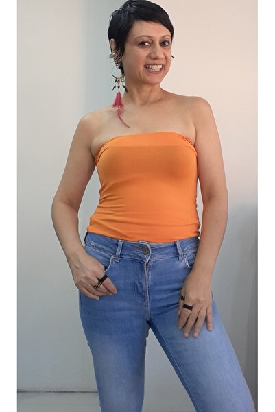 Mertcan Butik Orange Long Length Badi Tank Top Strapless T-Shirt