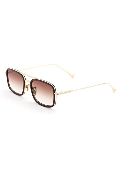 HAMMEN Rectangle Design Gold Frame Brown Glass Sunglasses