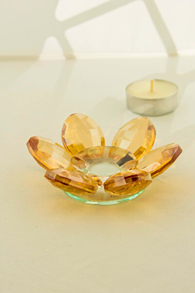Yaren Style Şık Kristal Cam Mumluk & Lokumluk, Lotus Kesim, Amber – El İşçili...