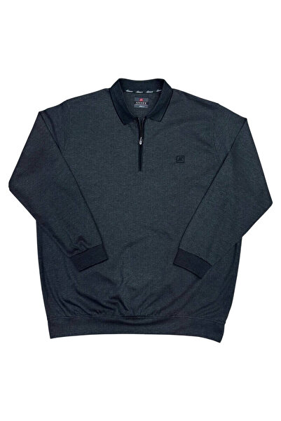 ANNEX Büyük Beden Erkek Yakalı Fermuarlı Geniş Kalıp Pamuklu Sweat Battal Kazak