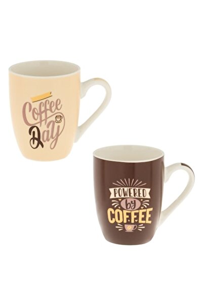SHOPIENS Set 2 căni ovale ceramice bej și maro Shopiens® cu imprimeu cafea, 3...