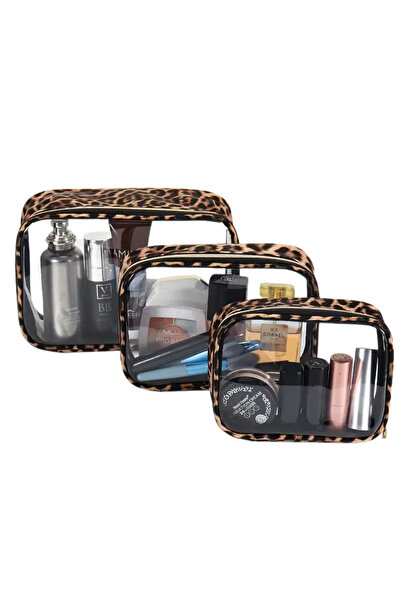 woys 3 Adet Leopar Desenli Şeffaf Seyahat Makyaj Çantası Seyahat Makyaj Çantası