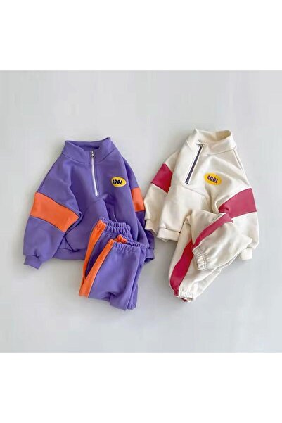 Çamur Kids Unisex Children's Cotton White Pink Cool Lettered Tracksuit Set