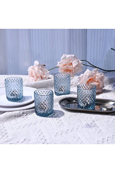 OEM Set 12 pahare suport pentru lumanari decorative, din sticla, culoare albastru