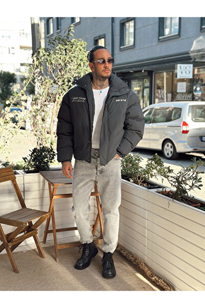manch collection Oversize Göğüs Ve Sırt Nakışlı Şişme Mont Siyah