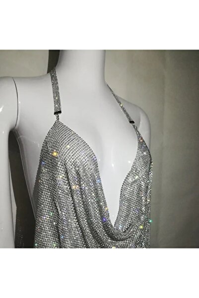 KESNUP Metallic mesh tank top with crystals, crop top with bare back, Silver