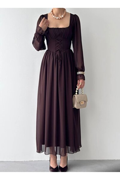 Afiş Butik Kahverengi Şifon Kare Yaka Bağcıklı Uzun Elbise