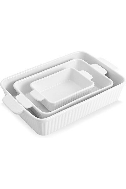 Generic طقم أطباق خبز سيراميكية من 3 قطع، أبيض، للفرن، صينية لازانيا عميقة، طواجن