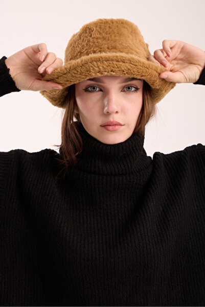 OX-RA Camel Kadın Peluş Kova Model Balıkçı Bucket Hat Kışlık Şapka