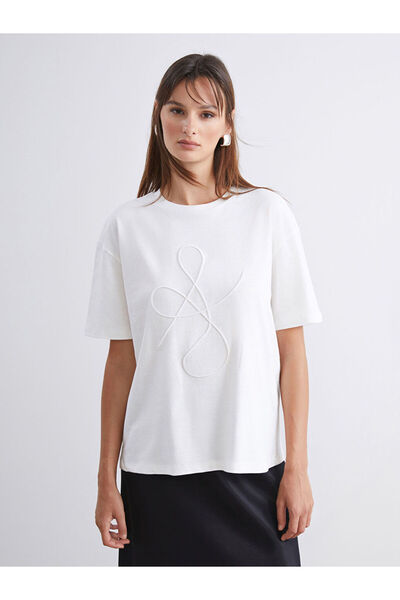 LC Waikiki Ecru Crew Neck Embroidered Oversized Women's T-Shirt