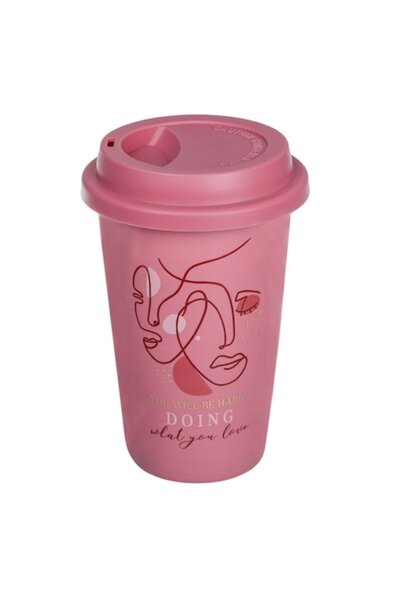 SHOPIENS New Bone Shopiens® copper red tumbler with abstract face pattern and silicone lid, 400