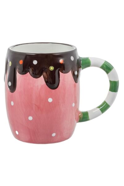 SHOPIENS Cana ceramica 3D Shopiens®, cu model butoias de culoare roz cu buline albe, ciocolata si bomboane p