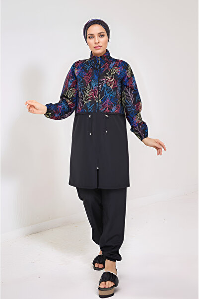 MSN Zippered Digital Printed Tie-Waist Hijab Swimsuit with Bonnet Gift - Colorful