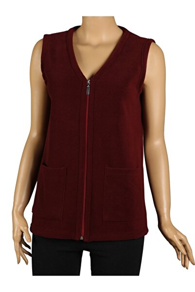 Giyimde Evrim Kadın Bordo V Yaka Polar Yelek