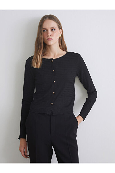 LC Waikiki Black Crew Neck Textured Women's Cardigan