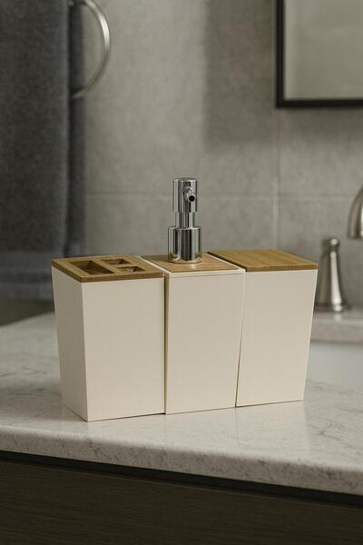 MEYA PİNE Σετ μπάνιου από μπαμπού 3 τεμαχίων – Δοχείο σαπουνιού, θήκη οδοντόβουρτσας και δοχείο υγρού σαπουνιού