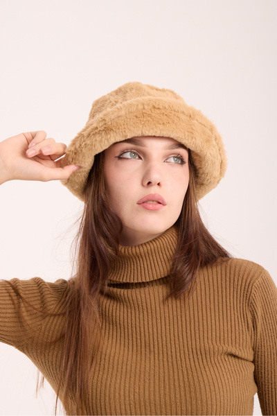 OX-RA قبعة نسائية شتوية من القطيفة باللون البيج على شكل دلو صياد السمك