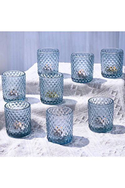 OEM Set 12 pahare suport pentru lumanari decorative, din sticla, culoare albastru