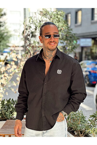 manch collection Πουκάμισο Oxford με κέντημα στο στήθος μαύρο