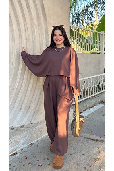 Butik ACI KAHVE YARASA KOL LİKRALI PALAZZO TAKIM