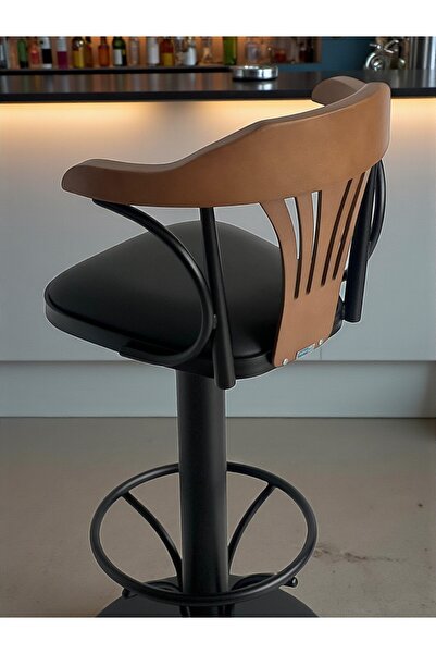 DENGEMA T168/75 Dönerli Bar Sandalyesi – Siyah Deri Oturum, İnegöl Ceviz Sırt 75 cm Yükseklik