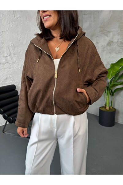 Elif Özbey Butik Καφέ μοντέλο Zr με κουκούλα σουέτ μπουφάν