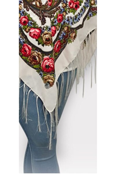 OMS White headscarf with crown pattern and fringes 107x107 cm