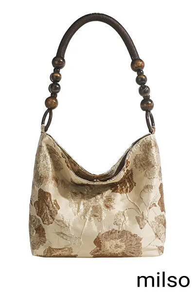 MİLSO Vintage Kadın Çiçek Desenli Jakarlı Omuz Çantası - Ahşap Boncuk Askılı