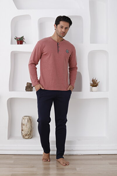 Lohussa Men's Long Sleeve Thick Winter Buttoned Pocketed Paca 100% Cotton Pajama Set