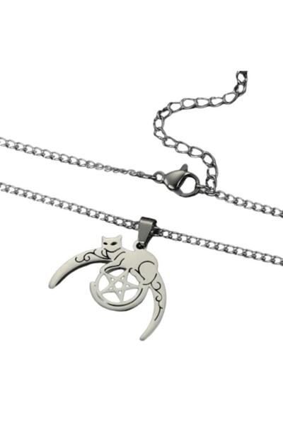 SYGGY Lant cu pandantiv Cat and Moon, SYGGY®, argintiu, 45 cm
