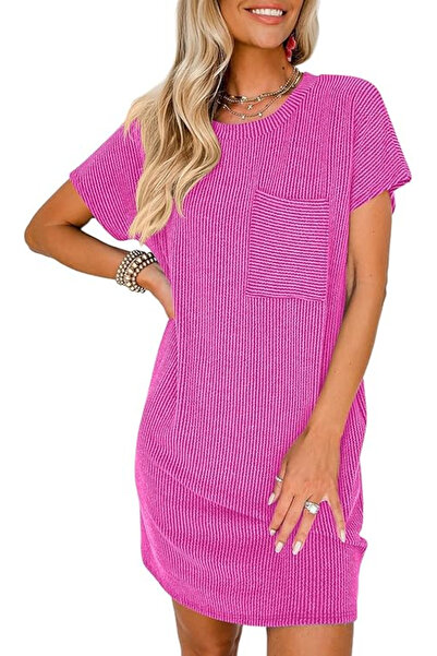 OEM Rochie casual de damă peste genunchi, mâneci scurte, buzunar la piept, mă...