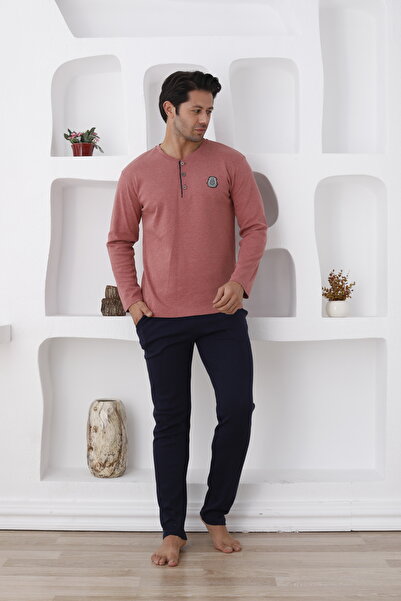 Lohussa Men's Long Sleeve Thick Winter Buttoned Pocketed Paca 100% Cotton Pajama Set