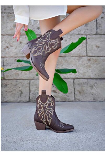 LZ SHOES Wild Star Taba Deri Beyaz Nakışlı Kovboy Bot 303