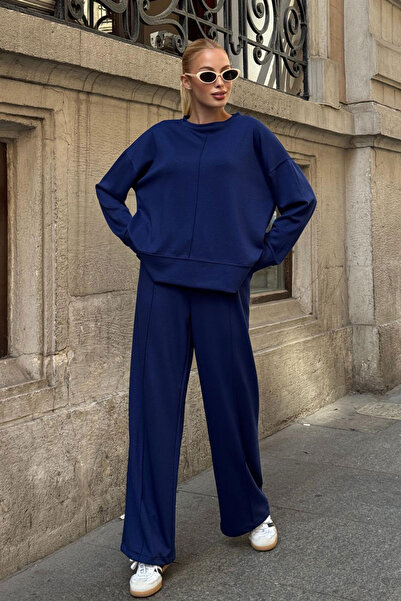 bacc Saks Crew Neck Slit Detail Blouse and Relaxed Fit Pants Modal Bottom Top Set Bcvl-25V215