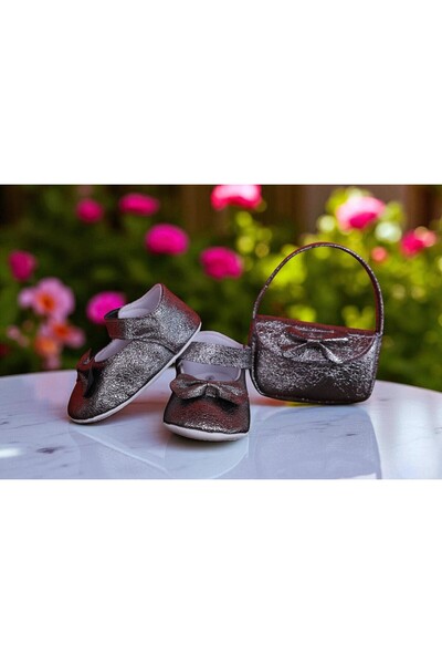 BEBLUXBABY Fiyonklu Parıltılı Babet Bebek Ayakkabı Çanta Seti