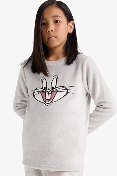 DeFacto Kız Çocuk Looney Tunes Pijama Takımı Nakışlı Pelüş Uzun Kollu Üst Uzun Alt (25 WN)