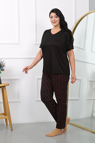 emosavm Fashion Women's Plus Size Short Sleeve Combed Cotton Pajama Set Black