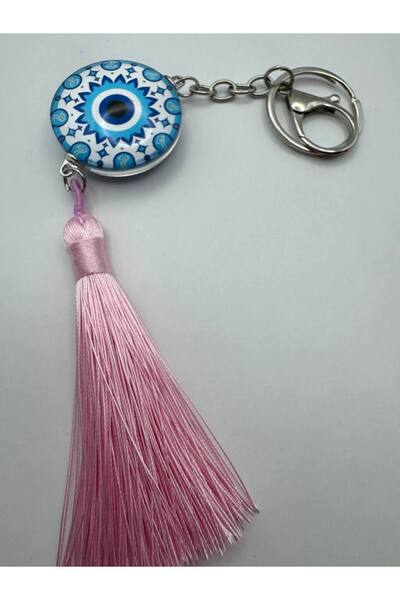 Herşey Nota Breloc cu ciucuri roz cu model Evil Eye – Design elegant și cadou...