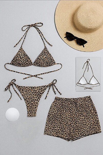 Nemere Kadın 3'lü Set Leopar Desenli Şortlu ve Yandan Bağlamalı Bikini Mayo T...