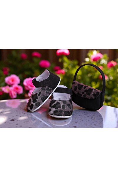 BEBLUXBABY Leopar Desenli Babet Bebek Ayakkabı Çanta Seti