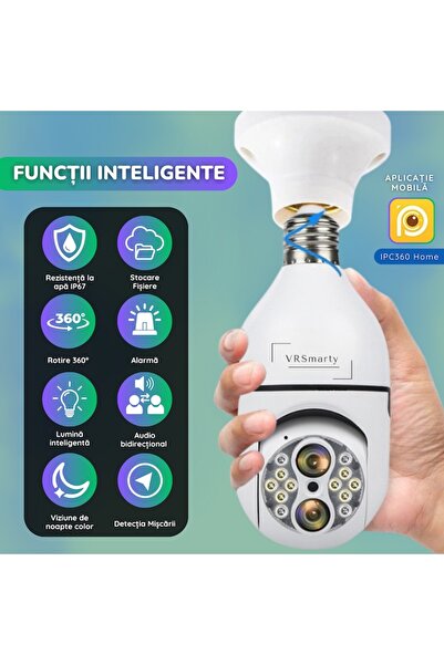 VRSmarty Camera de supraveghere WiFi VRSmarty™ 1080P, panoramica, cu detectare a miscarii, vedere nocturna,