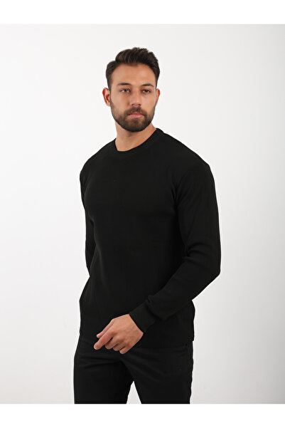 VALERO Men's Standard Fit Regular Cut Crew Neck Black Knitwear Sweater