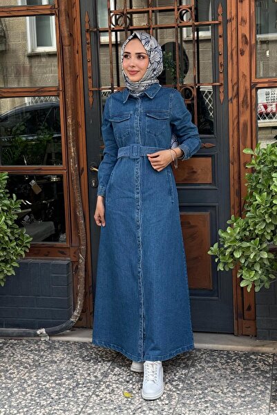 Kayra Kemer Detaylı Denim Elbise İndigo